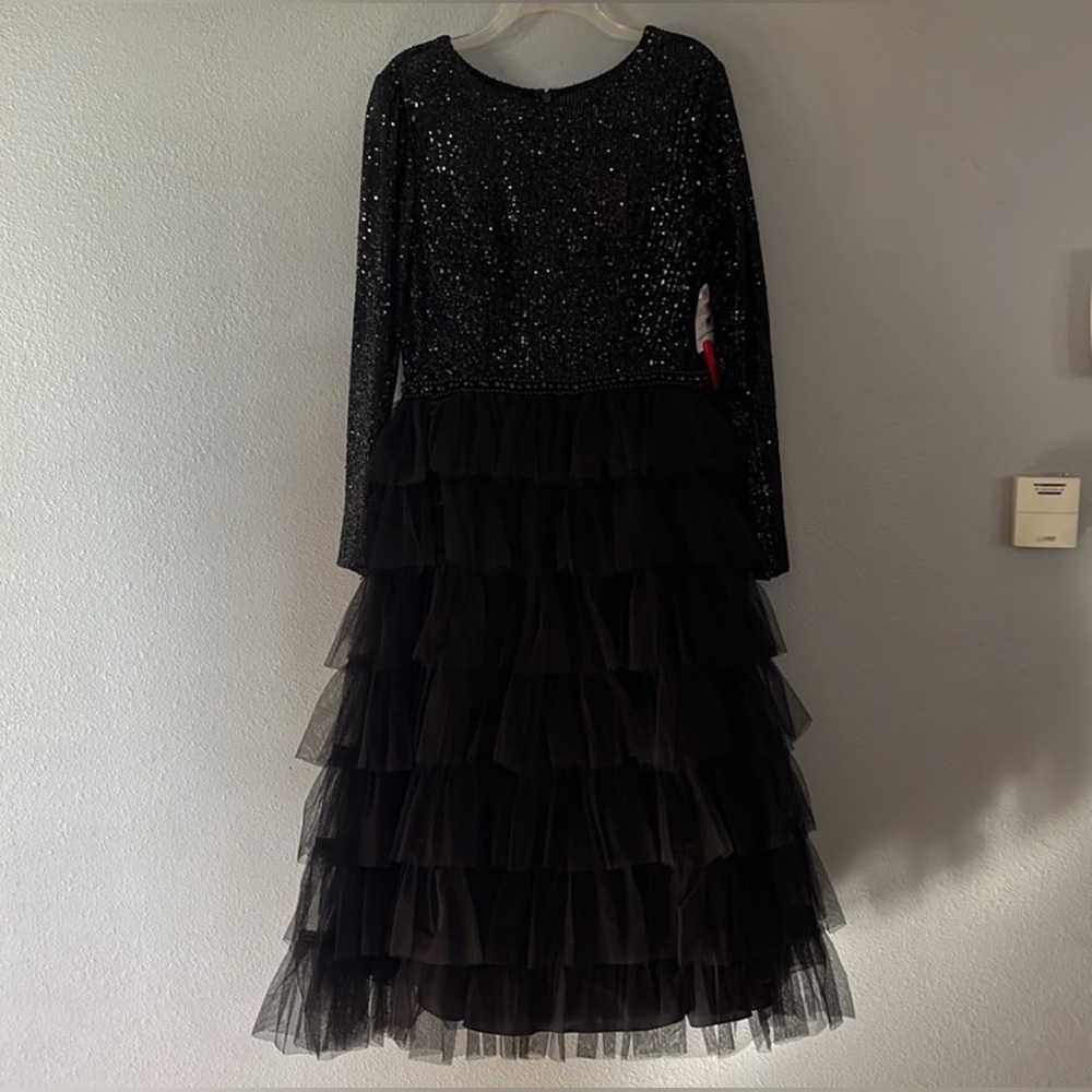 NWT MAC DUGGAL LONG SLEEVED RUFFLE TIERED MIDI DRESS BLACK  26299 - Picture 3 of 14